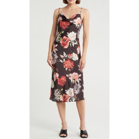 Bebe Satin Midi Slip Dress Floral Print Draped Cowl Neck Spaghetti Strap Black - Picture 10 of 10